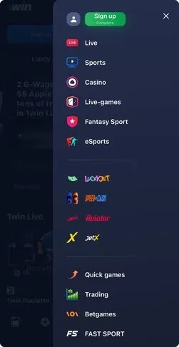 1Win App Menu