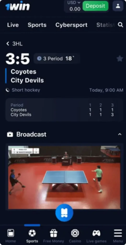1Win live table tennis match