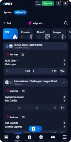 1Win eSports section